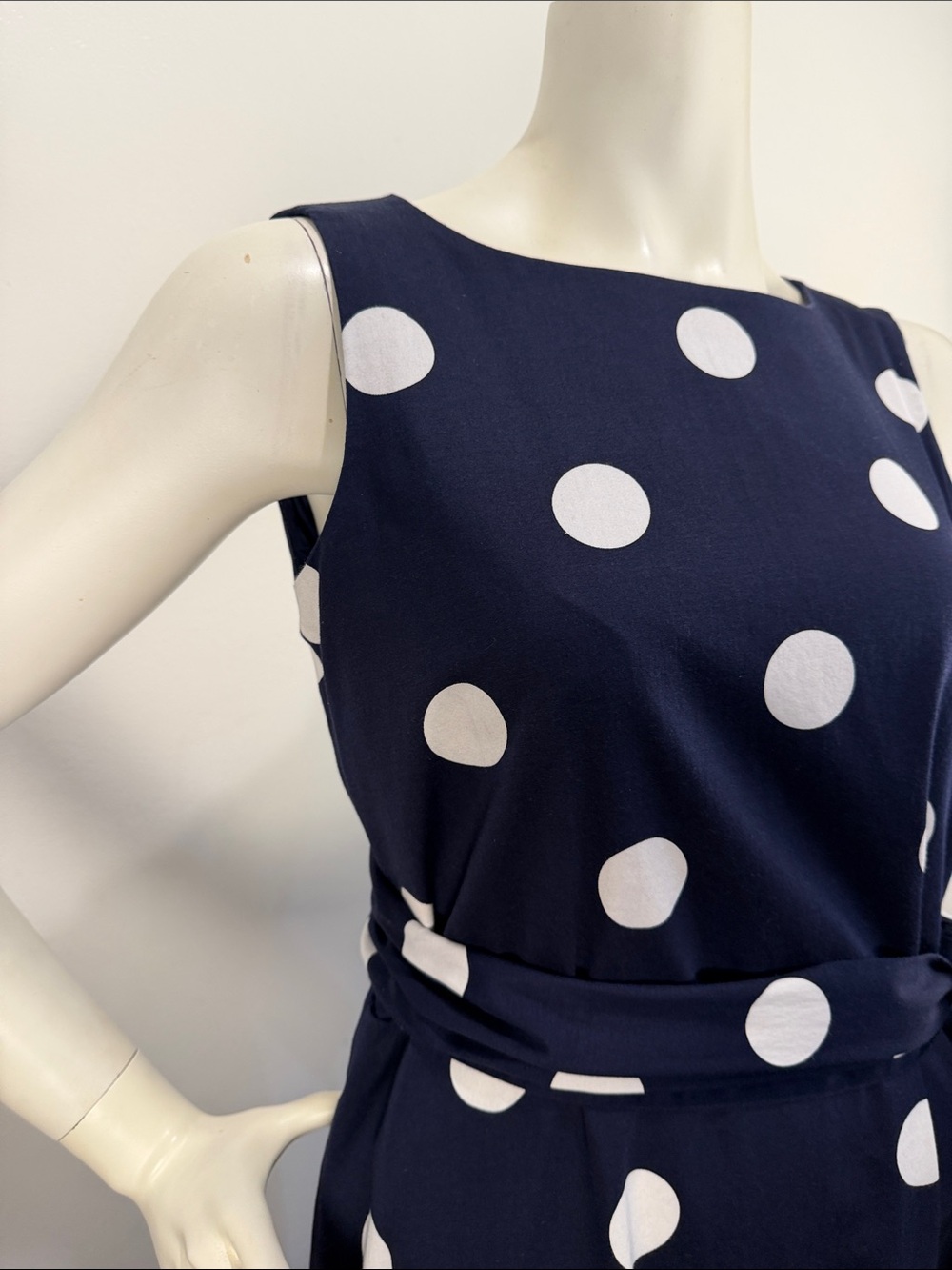 Anne Klein Navy & White Polka Dots womens Cotton Midi Dress With Sash Dress Sz S - Picture 2 of 9
